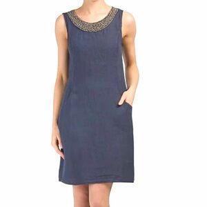 Lina Tomei Linen Navy Shift Dress Medium Beaded Neck Made in Italy